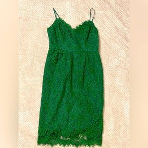J.crew lined spaghetti strap knee length green lace dress EUC. Size 8